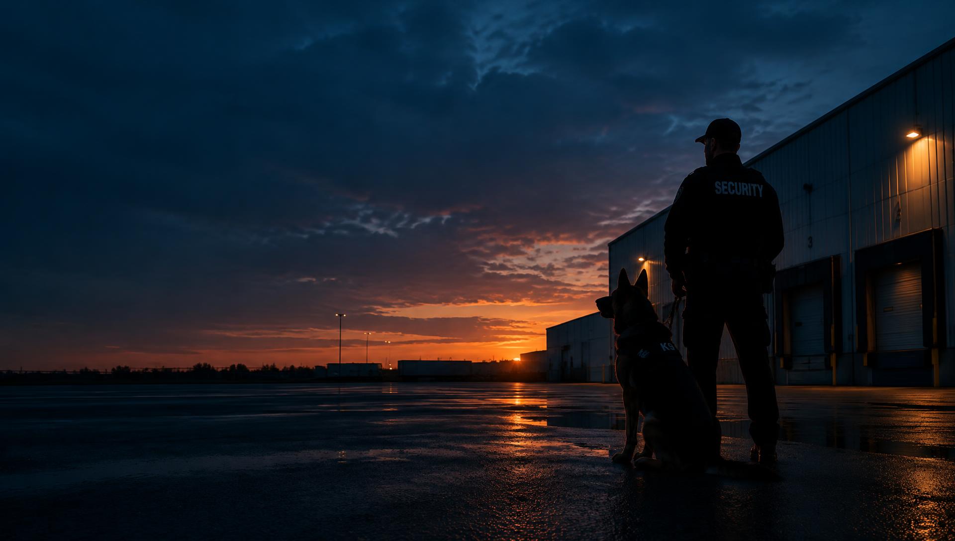 Guardia de seguridad con perro K9 frente a una bodega al atardecer